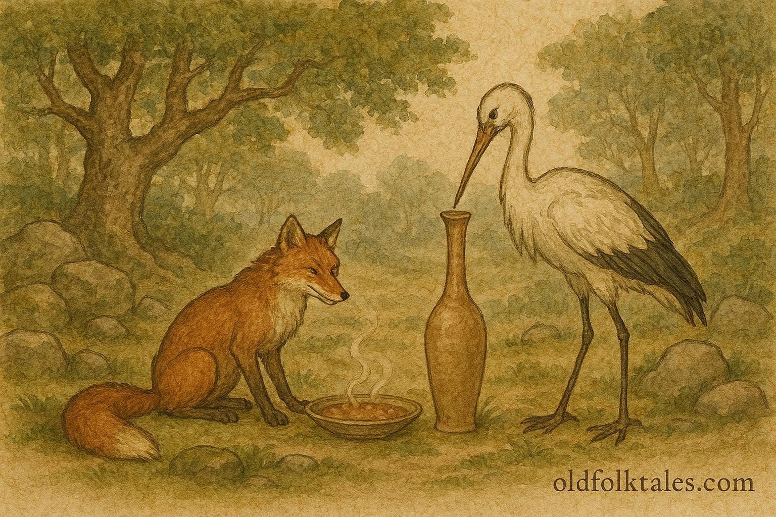 An illustration of a fox and stork at contrasting meals, Croatian forest animal fable.