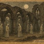 An illustration of ghost monks walking ruins of Villers Abbey Belgium.