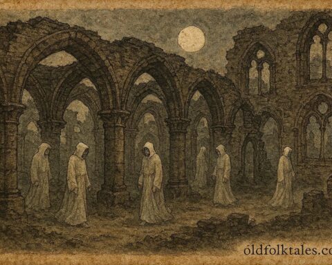 An illustration of ghost monks walking ruins of Villers Abbey Belgium.
