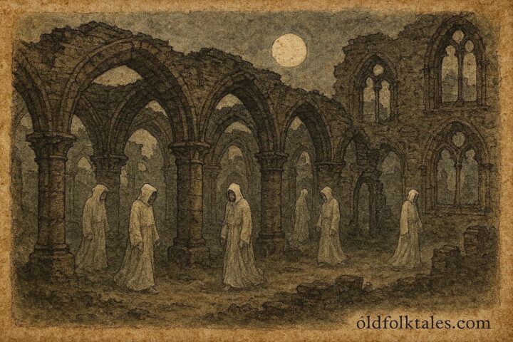 An illustration of ghost monks walking ruins of Villers Abbey Belgium.