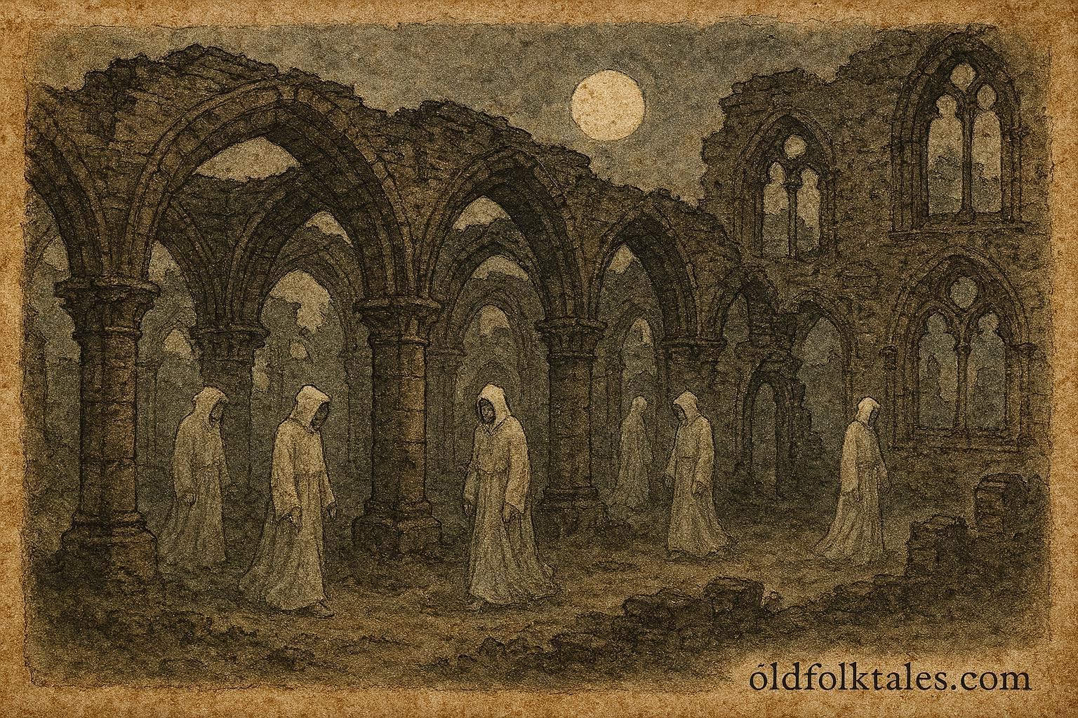 An illustration of ghost monks walking ruins of Villers Abbey Belgium.