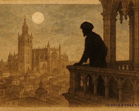 An illustration of ghostly Moorish guardian atop Giralda Tower, Seville legend scene.