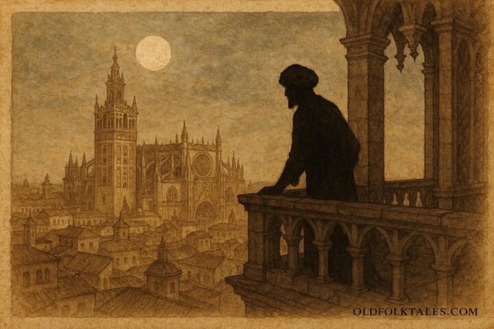 An illustration of ghostly Moorish guardian atop Giralda Tower, Seville legend scene.