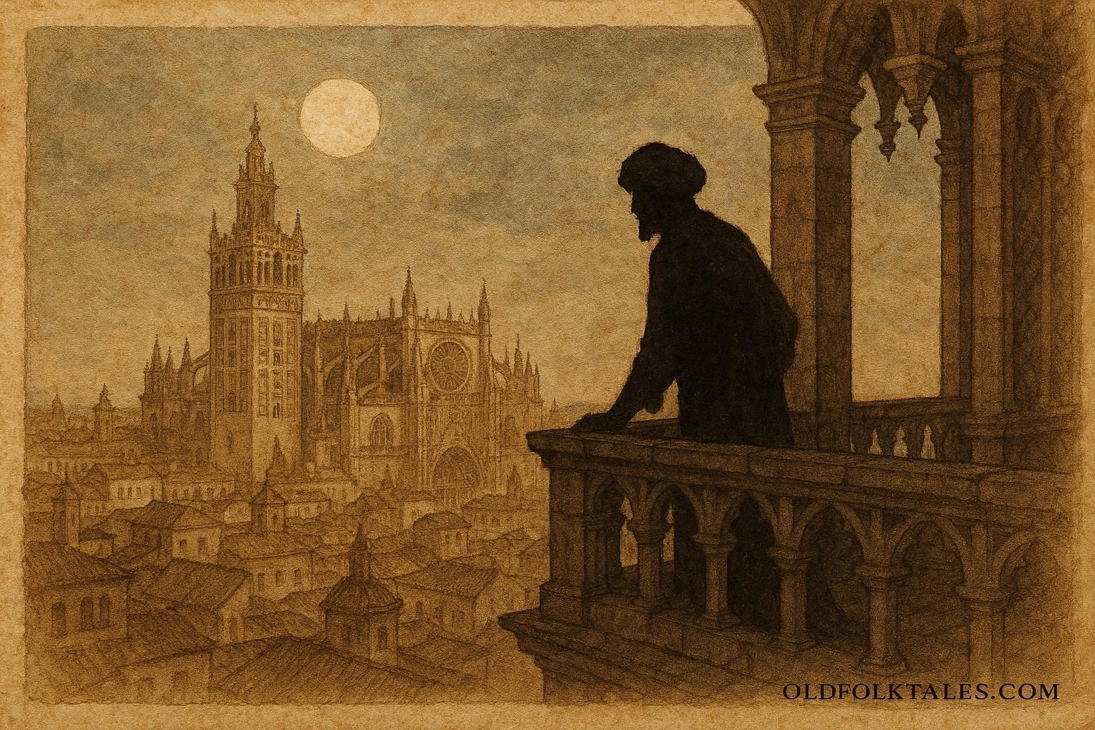 An illustration of ghostly Moorish guardian atop Giralda Tower, Seville legend scene.