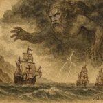 An artwork of storm giant Adamastor above ships, Portuguese maritime legend scene.