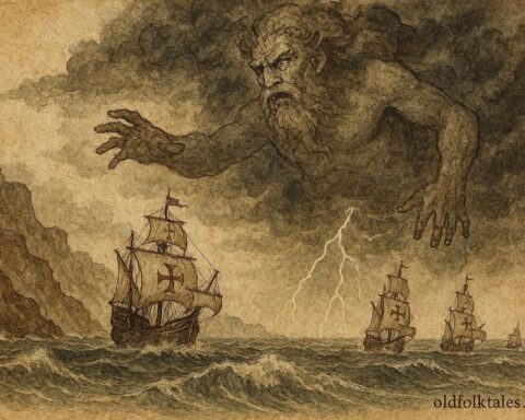An artwork of storm giant Adamastor above ships, Portuguese maritime legend scene.