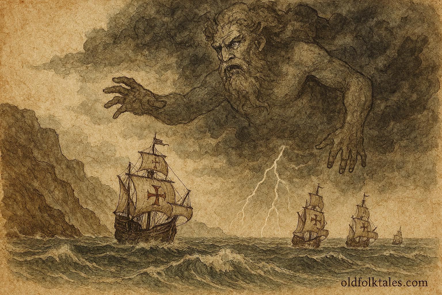 An artwork of storm giant Adamastor above ships, Portuguese maritime legend scene.