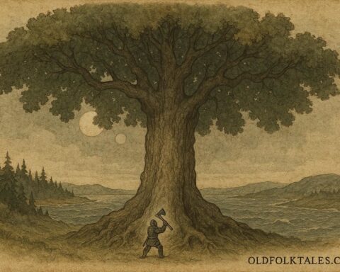 An illustration of the Giant Oak blocking the sun and moon in Finnish mythology.