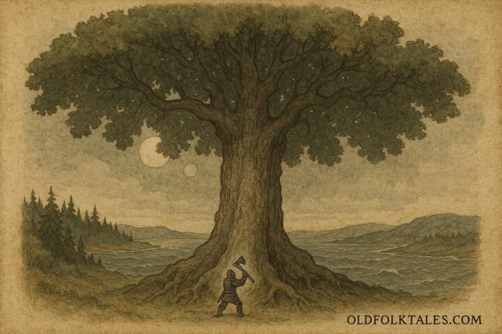 An illustration of the Giant Oak blocking the sun and moon in Finnish mythology.