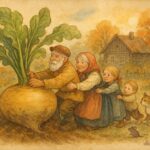 An illustration of a giant turnip being pulled by family and animals in a Russian village garden.