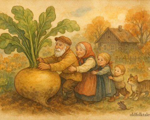 An illustration of a giant turnip being pulled by family and animals in a Russian village garden.