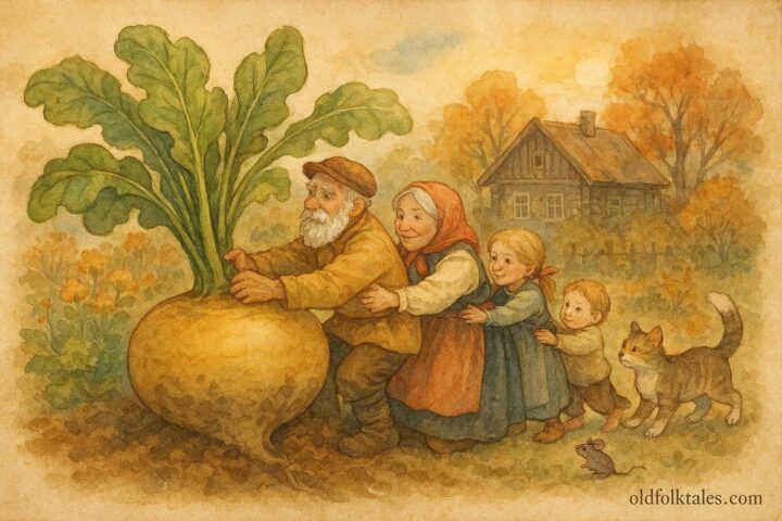 An illustration of a giant turnip being pulled by family and animals in a Russian village garden.