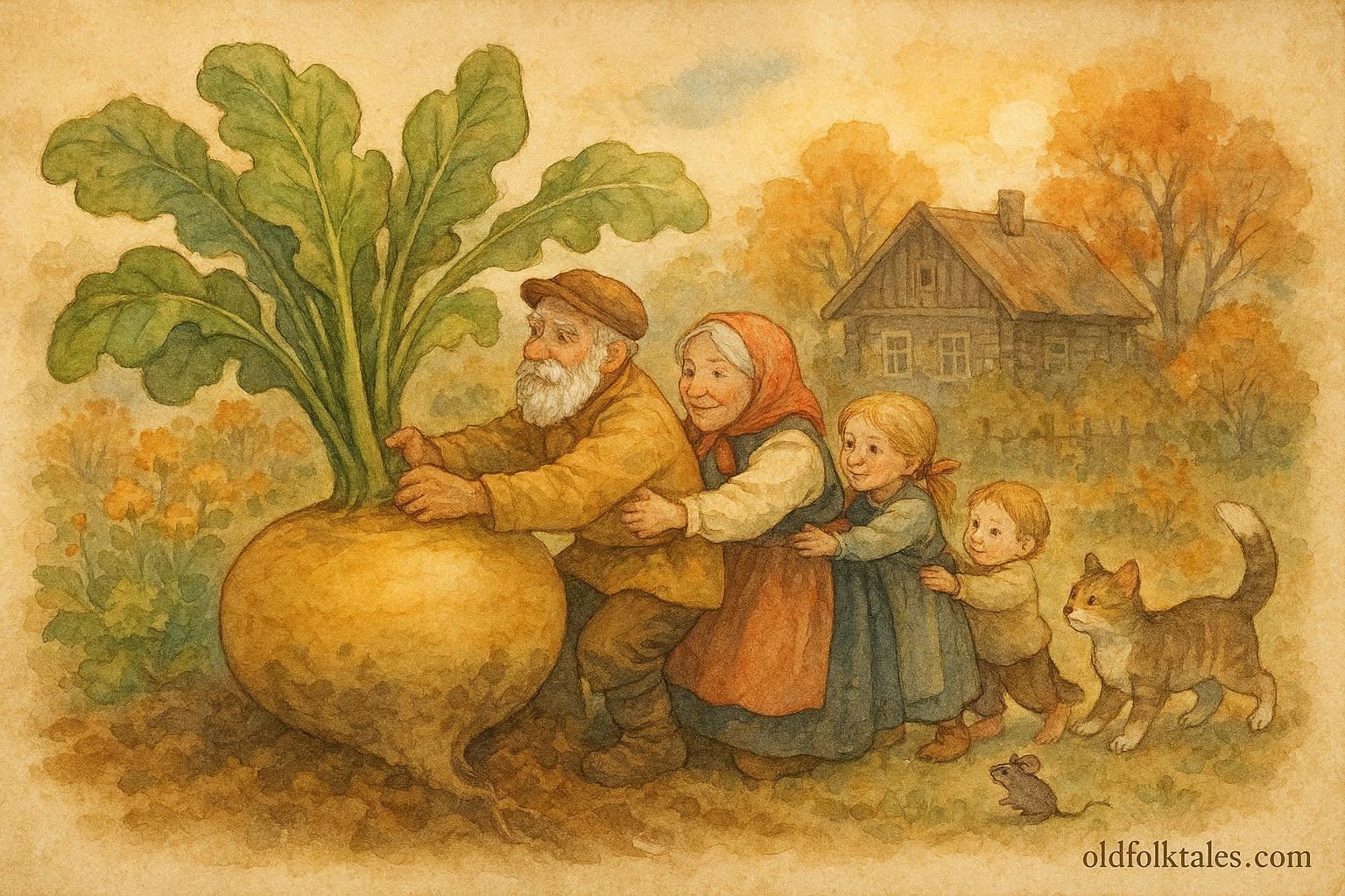 An illustration of a giant turnip being pulled by family and animals in a Russian village garden.