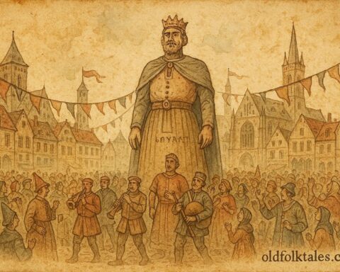 An illustration of giant Gayant festival parade in Douai Low Countries legend.