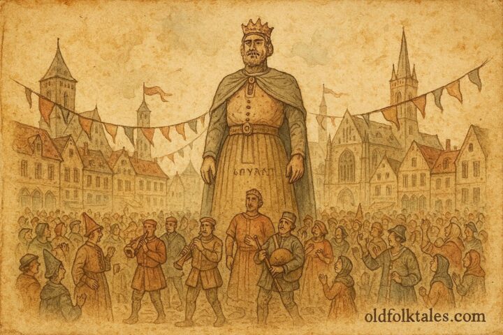 An illustration of giant Gayant festival parade in Douai Low Countries legend.