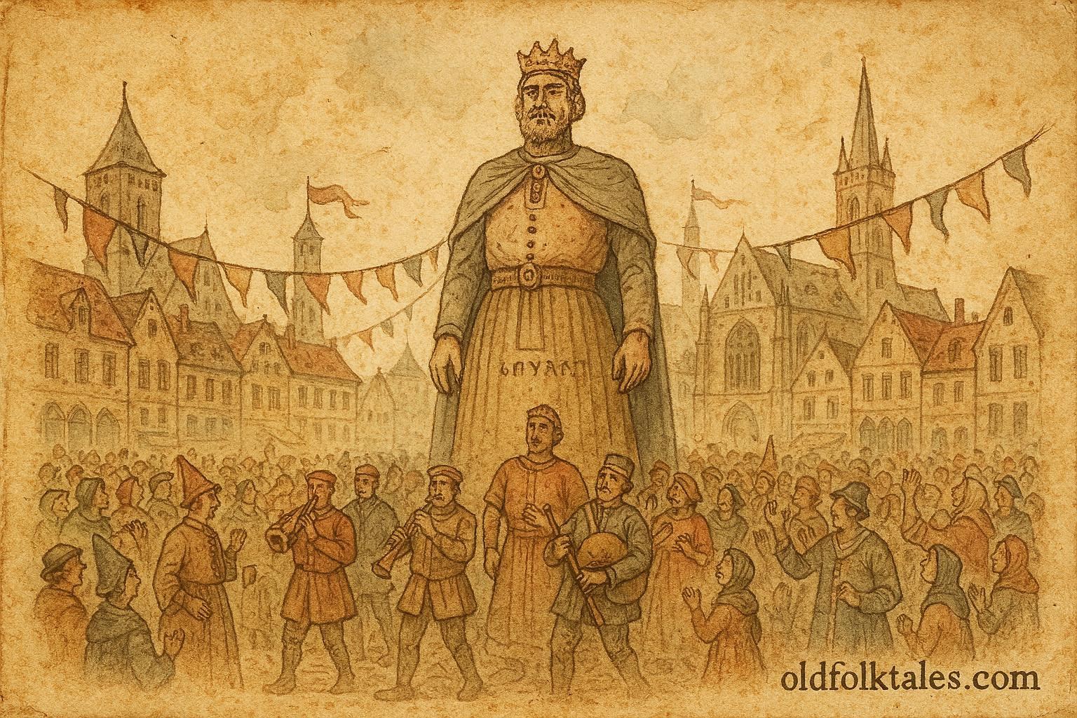 An illustration of giant Gayant festival parade in Douai Low Countries legend.