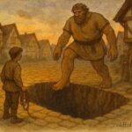 An illustration of a clever young man trapping a giant, Luxembourgish folktale scene.