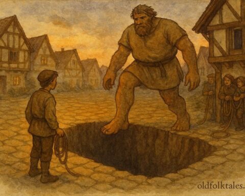 An illustration of a clever young man trapping a giant, Luxembourgish folktale scene.
