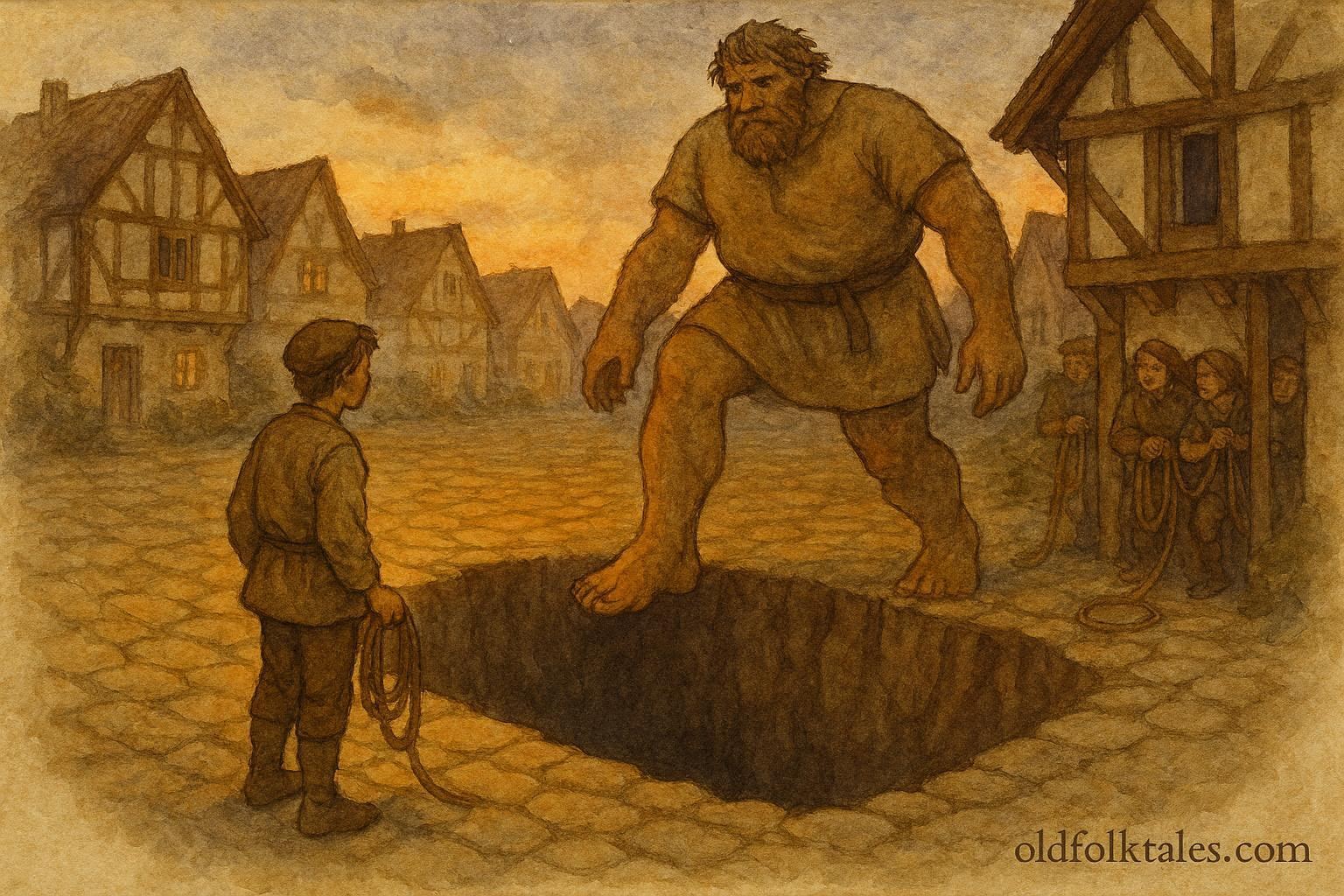 An illustration of a clever young man trapping a giant, Luxembourgish folktale scene.
