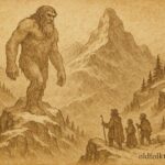 An illustration of giant guardian on snowy Pyrenees peak, Spanish mountain folktale scene.