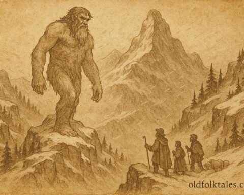An illustration of giant guardian on snowy Pyrenees peak, Spanish mountain folktale scene.