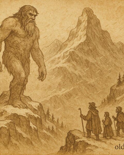 An illustration of giant guardian on snowy Pyrenees peak, Spanish mountain folktale scene.