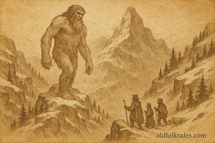 An illustration of giant guardian on snowy Pyrenees peak, Spanish mountain folktale scene.