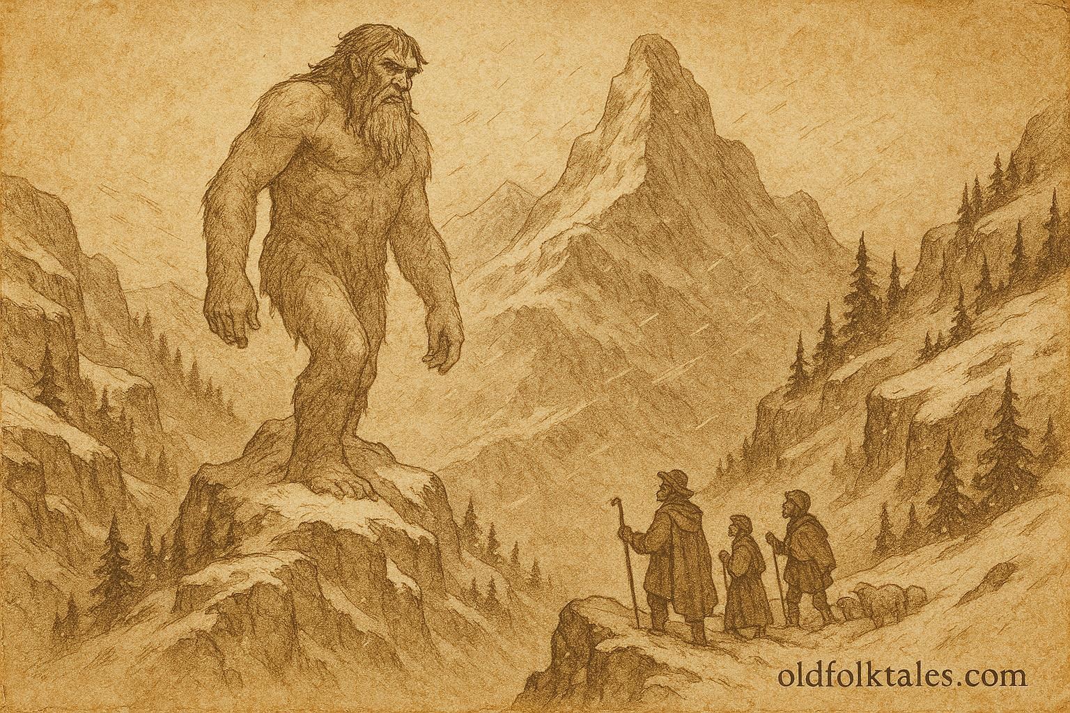 An illustration of giant guardian on snowy Pyrenees peak, Spanish mountain folktale scene.