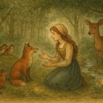 An illustration of Milena speaking with forest animals, Serbian folktale scene.