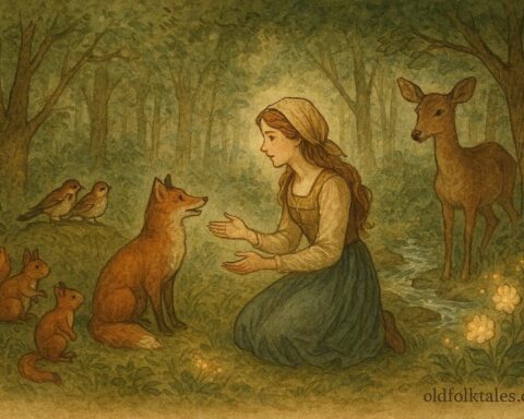 An illustration of Milena speaking with forest animals, Serbian folktale scene.