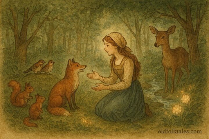 An illustration of Milena speaking with forest animals, Serbian folktale scene.