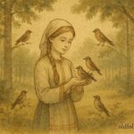 An artwork of girl with birds in forest, Belarusian folktale scene.