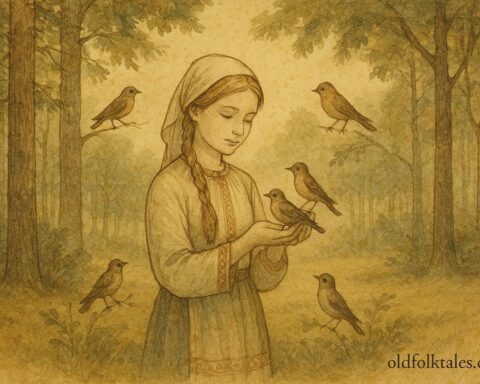 An artwork of girl with birds in forest, Belarusian folktale scene.