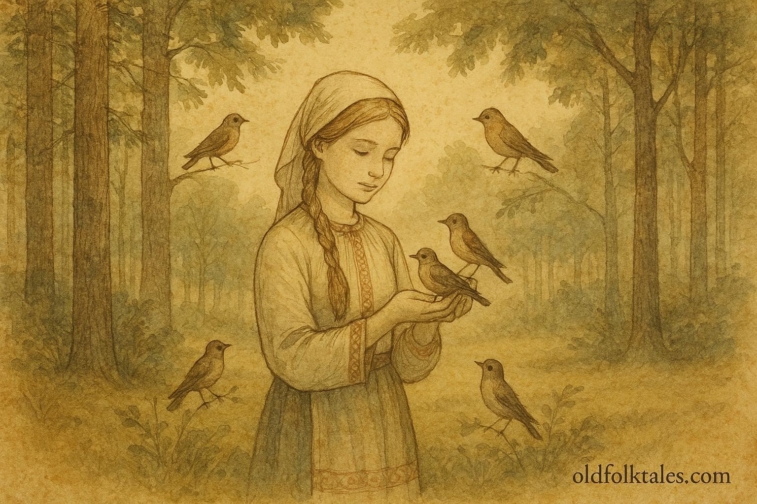 An artwork of girl with birds in forest, Belarusian folktale scene.