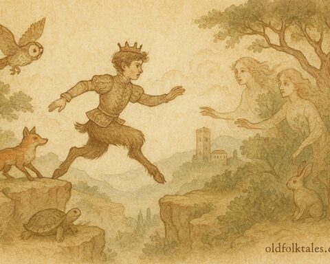 An illustration of a goat-legged prince with magical animals, Neapolitan folklore scene.