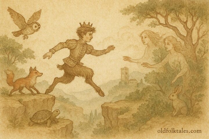 An illustration of a goat-legged prince with magical animals, Neapolitan folklore scene.