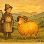 An illustration of a Serbian shepherd discovering a magical golden-fleeced ram in the mountains.