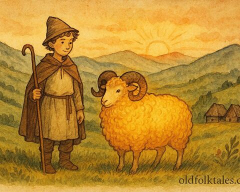 An illustration of a Serbian shepherd discovering a magical golden-fleeced ram in the mountains.