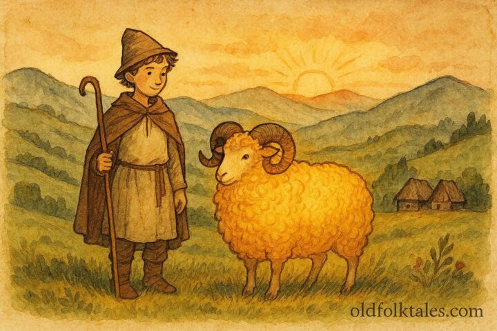 An illustration of a Serbian shepherd discovering a magical golden-fleeced ram in the mountains.
