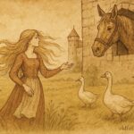 An illustration of Goose Girl tending geese and speaking to Falada in Grimm fairy tale.