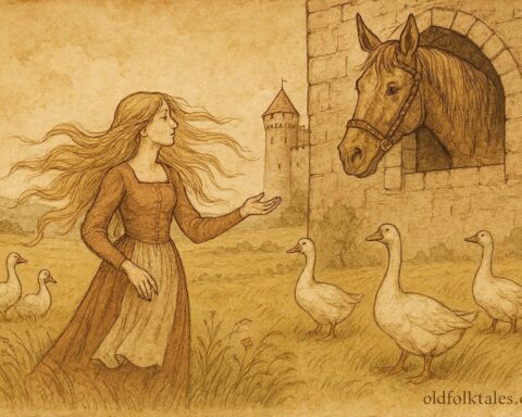 An illustration of Goose Girl tending geese and speaking to Falada in Grimm fairy tale.