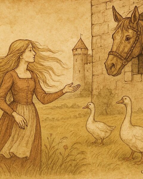 An illustration of Goose Girl tending geese and speaking to Falada in Grimm fairy tale.