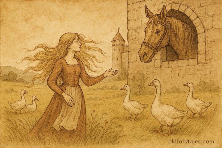 An illustration of Goose Girl tending geese and speaking to Falada in Grimm fairy tale.