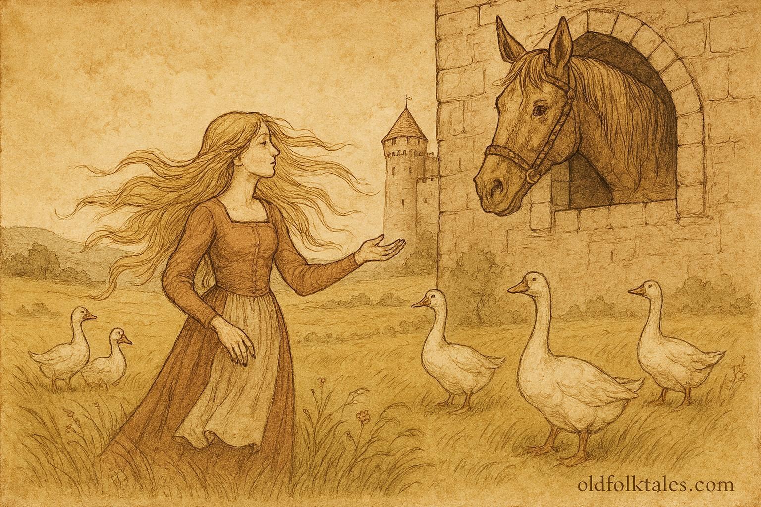 An illustration of Goose Girl tending geese and speaking to Falada in Grimm fairy tale.