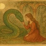An illustration of Princess Isabella and the Green Serpent, Italian folktale scene.