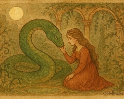 An illustration of Princess Isabella and the Green Serpent, Italian folktale scene.
