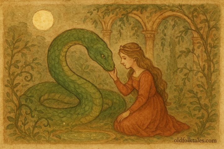 An illustration of Princess Isabella and the Green Serpent, Italian folktale scene.