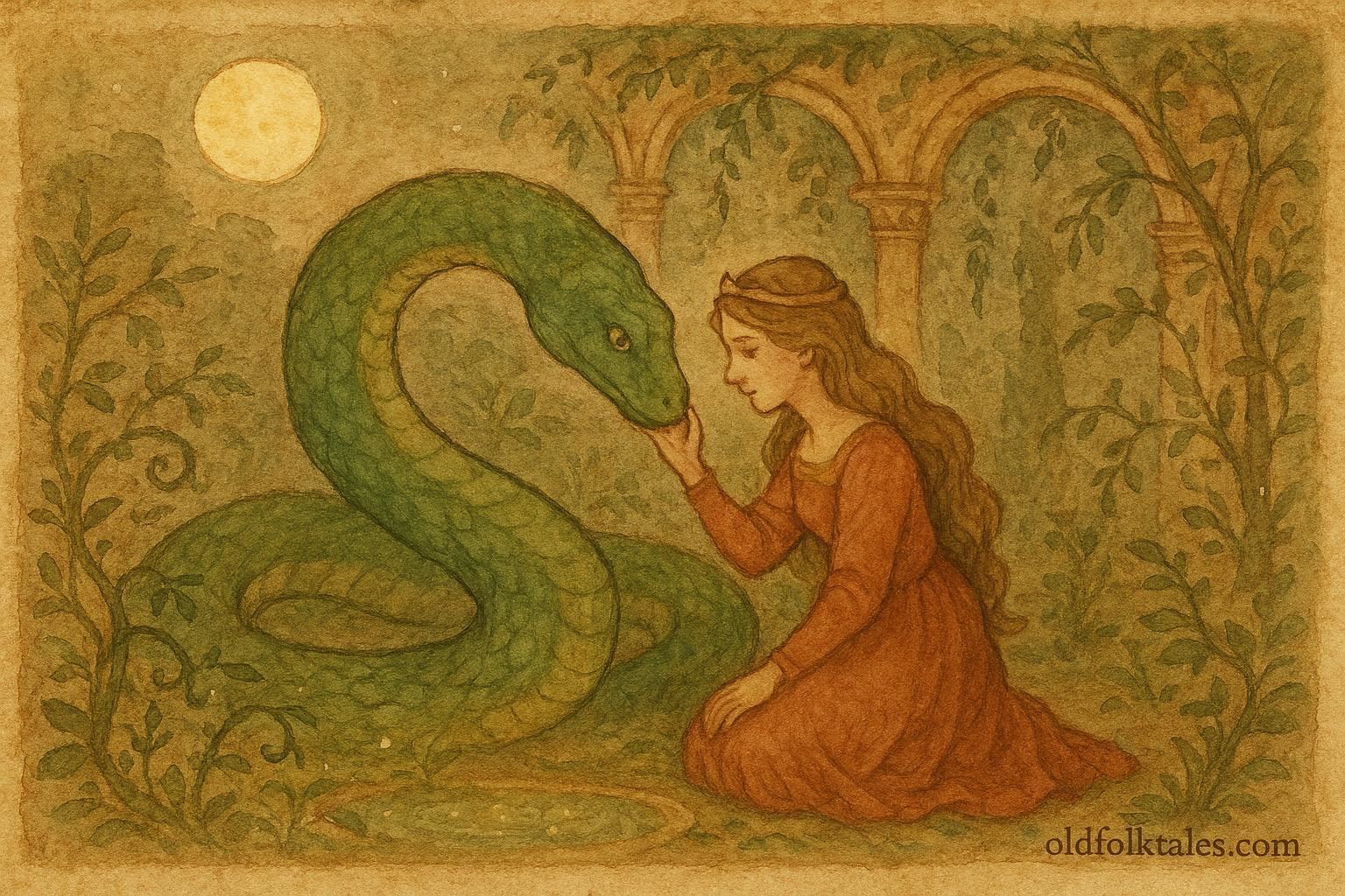An illustration of Princess Isabella and the Green Serpent, Italian folktale scene.