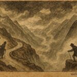 An artwork of Grimsel Pass spirits guiding traveler in Swiss Alps folklore.