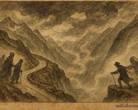 An artwork of Grimsel Pass spirits guiding traveler in Swiss Alps folklore.